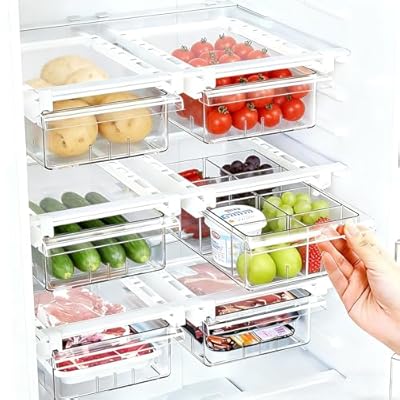 onaner Refrigerator Drawer Organizers,Fridge Drawer Organizer,Pull Out with Handle,Clear Container for Food Drinks Egg,Fit for Refrigerator Shelf Under 0.6 Inch,Easy to Install(1-Pack)
