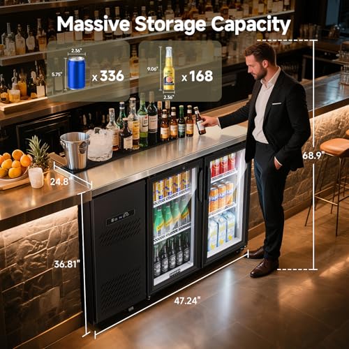 Image of BODEGACOOLER Commercial Back Bar Cooler with 2 Glass Doors,12 Cu.Ft Stainless Steel Commercial Counter Height Bar Refrigerator,Display Drink Beverage Beer Fridge LED Lighting,SUS304 Top,4 Casters