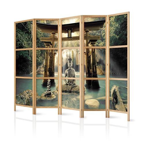 murando - Paravent Intérieur Japonais 225x172 cm - Séparateur de Pièce en Bois Naturel et Toile Imprimée - Paravent Oriental Portable et Pliable - Zen Naturel...