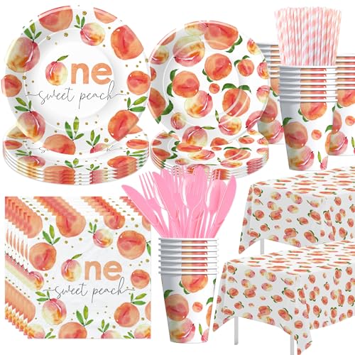 YJRJSC One Sweet Peach Birthday Decorations Party Tableware - Peach First Birthday Party Supplies 1st Paper Plate Cup Napkin Tablecloth Disposable Cutlery | Serves 24