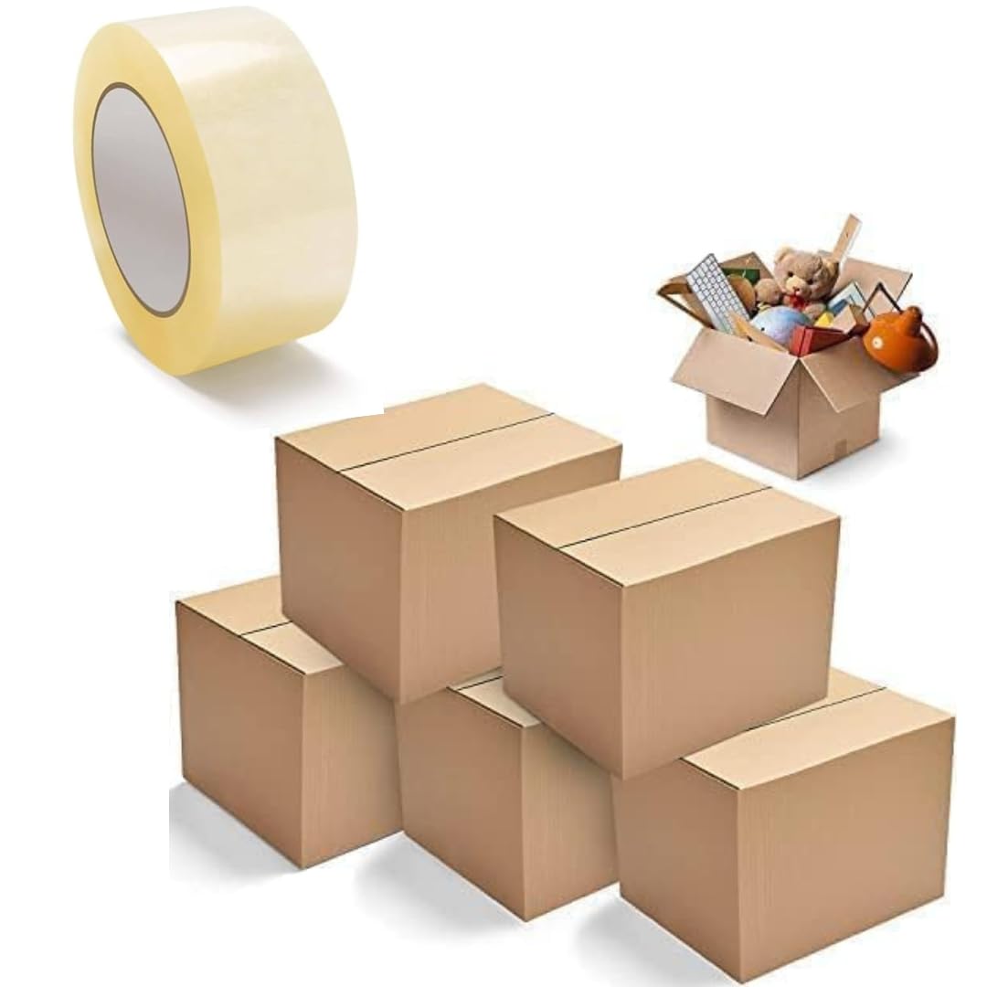 Pack of 10 Cardboard Moving Boxes,10kg Capacity, 45x32x23cm, Brown, Corrugated, Brown Carton for Packaging, With Clear Packing Tape [2 inches x 50 yards] Strong Heavy Duty Packaging Tape