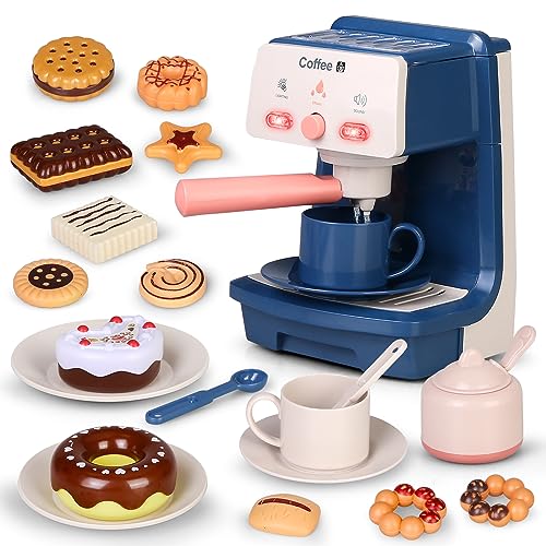 Kids Coffee Maker Toys with Realistic Light and Sound Effect,Pretend Kitchen Toys with Dessert Doughnut Coffee Cups,Play Food Accessories Set for Kids,Educational Gifts for Kids Ages 3+