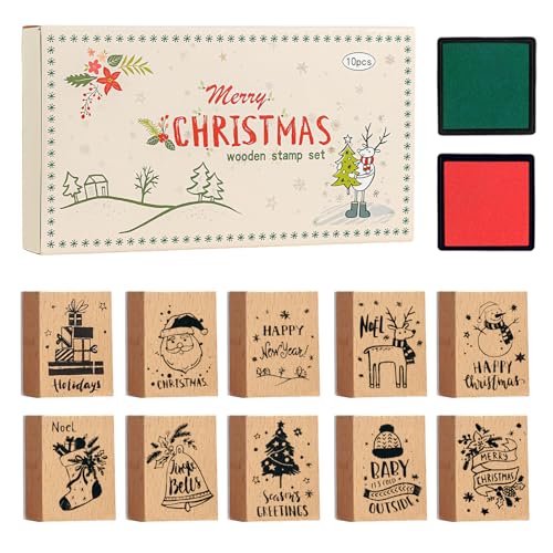 Weihnachten Stempel Holz 10PCS Weihnachtsstempel Holzstempel Holzstempelset StempelSet mit Stempelkissen Motivstempel aus Holz mit 10 Christmas Patterns zum Basteln DIY Kartenherstellung Scrapbooking