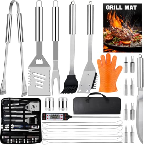 28Pcs Utensilios de Barbacoa de Acero Inoxidable, Accesorios de Barbacoa de Gas y Carbón para Camping en Portátiles Maletín, Kit Práctico de Utensilios de Parrilla de Barbacoa, Regalos para Hombres.