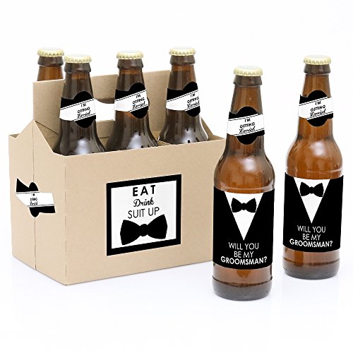 Suit Up - Will You Be My Groomsman Decorations for Men - 6 Beer Bottle Label Stickers and 1 Carrier