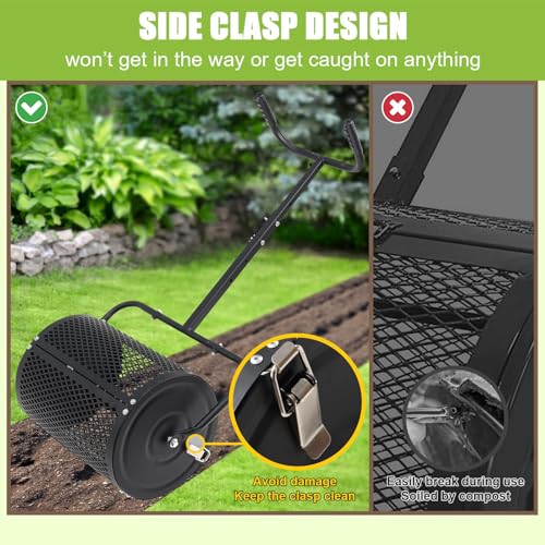 Heavy Duty Compost Spreader z łopatą, 1 Cu Ft Metal Mesh Barrel, ergonomiczny U-Handle & Side Latches do peat Moss Fertilizer Seed Garden Lawn Care, odporna na rdzę trwała konstrukcja