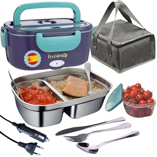 Ecoliberty Fiambrera Electrica Comida Trabajo 80w, 3 en 1, 12/24/220V Taper Electrico Para Comida Camion Coches/Oficinas/Talleres/Artesanos 1,5L