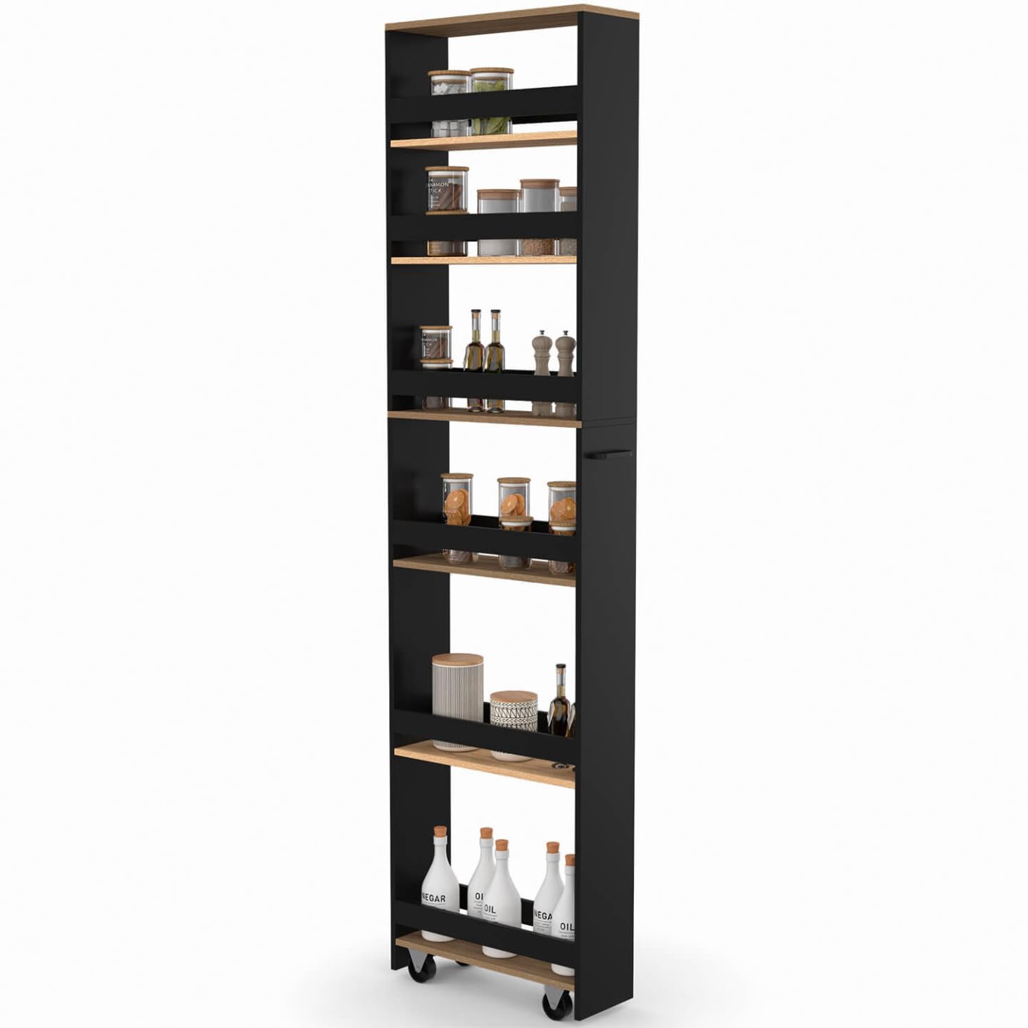 IDMarket - Platzsparender Küchenwagen HAGA, Aufbewahrungswagen mit 6 Etagen, schwarz und in Buche-Optik, H. 177 cm