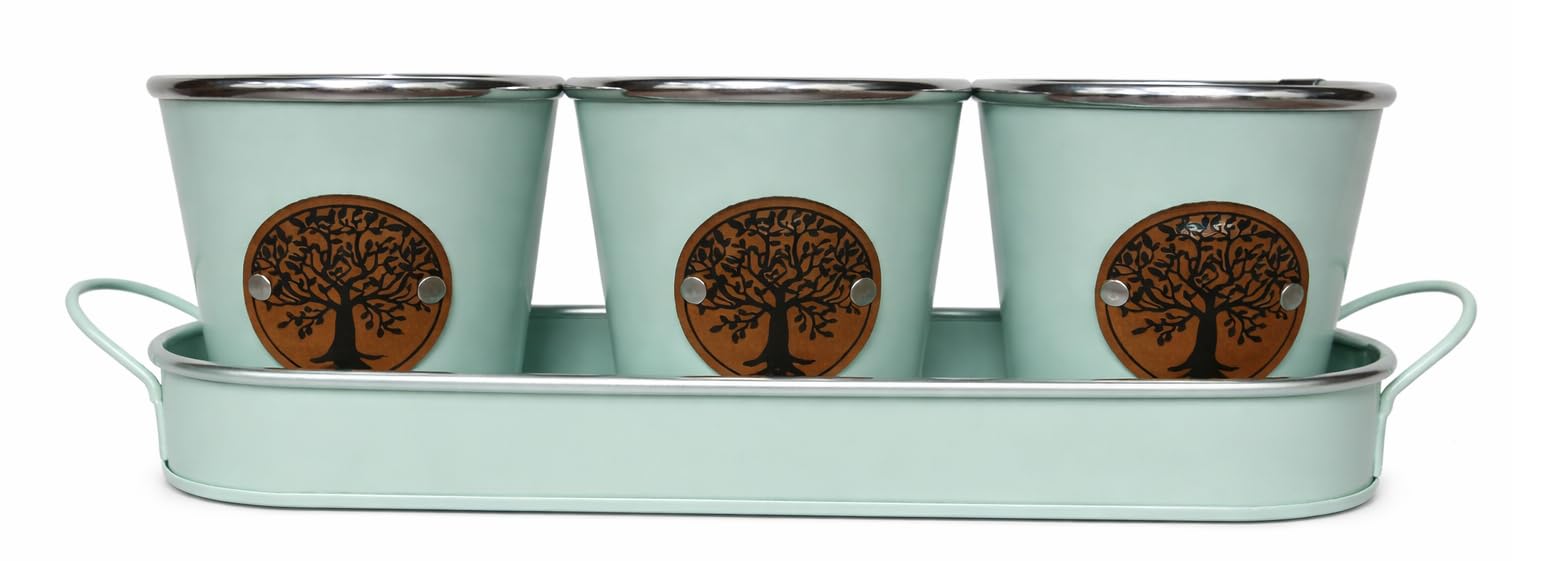 Quickdraw Supplies Sage Green Set Of 3 Metal Plant Pots With Tray Tree Of Life Indoor Outdoor Planters Herb Pots Windowsill Flower Planters Steel Waterproof Decorative Garden Pots Duck Egg Blue Grey (Sage Green)