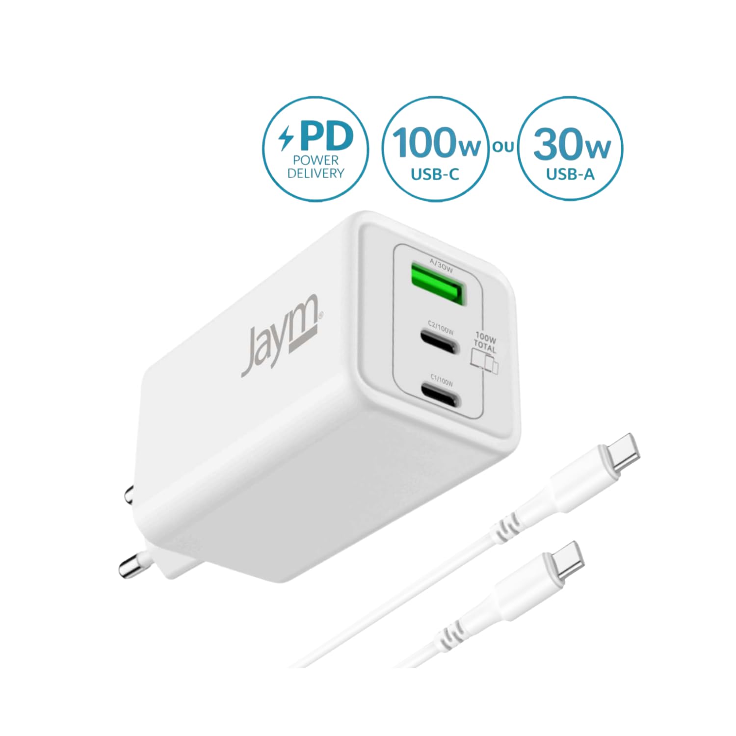 JAYM® GaN - Set di caricabatterie da 100 W + cavo USB-C da 2 m a 3 porte (2 USB-C, 1 USB-A), ricarica rapida PD per MacBook Pro, PC portatile, iPad Pro M4, iPhone 17/16, Samsung S26/S25
