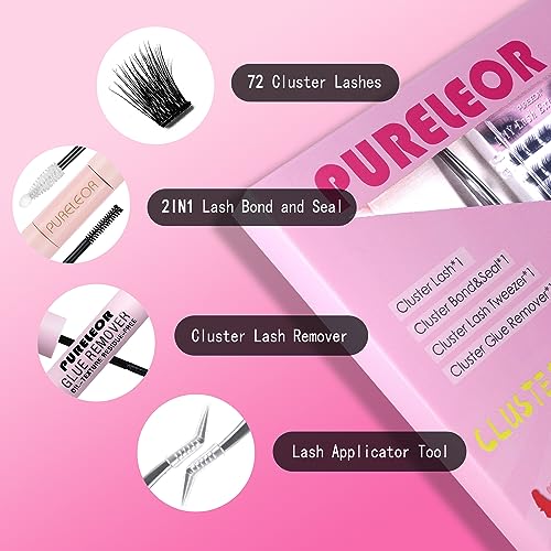 PURELEOR Individual Cluster Lashes DIY Lash Extensions Kit with Bond Seal Tweezers Remover Set, black, 4 count (Pack of 1) - Image 2