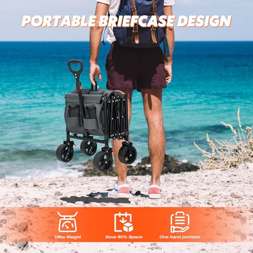 Image of Collapsible Wagon with Tailgate,Foldable Cart with Wheels,330LBS Resting Large Capacity,2 Drink Holders & Side Pockets,Long Extender,for Groceries,Shopping,Camping,Beach,Garden,Grey