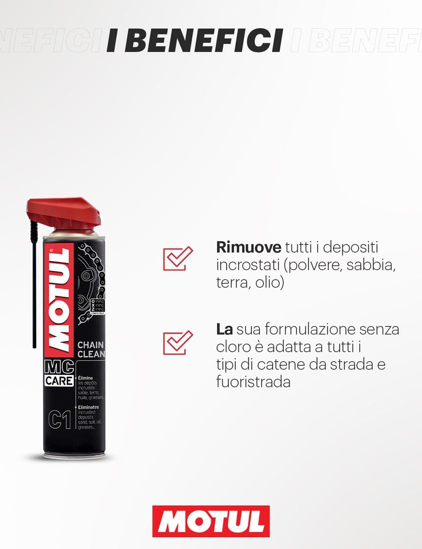 Motul - Spray Sgrassante per Catene di Moto - Sgrassante Molto Potente per Moto da Strada e Fuoristrada - Compatibile con O-Ring, X-Ring, Z-Ring - Evapora Rapidamente - MC Care Chain Clean C1-400 ml