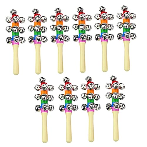 WOONEKY 10個 ハンドベル ハンドジングルベル ベビーガラガラのおもちゃ ベビーラトルベル ハンドプレス ベルを鳴らす 楽器 赤ちゃん 木製