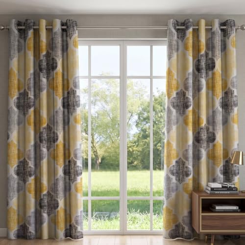 Image of Home Sizzler 2 Pieces Moroccan Motif Eyelet Glace Cotton Long Door Curtains - 8 Feet, Yellow