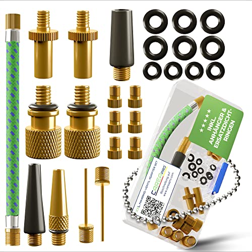 CAREApro® - XXL Fahrradventil Adapter Set - 28 Teile - Hochwertige Ventiladapter für Luftpumpe und Kompressor | DV; AV; SV; Ballnadel und co Cover