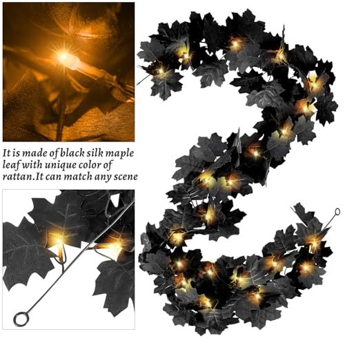Image of 2 Pcs Black Leaf Garland with Yellow Lights, 11.8FT | Halloween Artificial Hanging Fall Leave Vines, 20 LED, Fall Floral Garlands, Thanksgiving Decor for Home Wedding Party