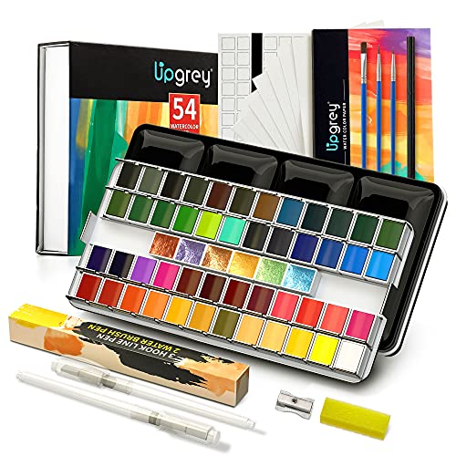 Upgrey Watercolor Paint Set, 48 Premium Colors + 6 Metallic Colors + 20 Watercolor Papers + 3 Brushes + 2 Water Brushes + 1 Pencil, Portable Washable Watercolor Paint for Art Painting Artists Beginner