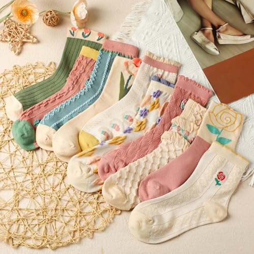 10 Pairs Cute Socks, Women's Lace Ruffles Ankle Casual Flower Frilly Fancy Cute Cotton Cottagecore Mid Tube Socks, Spring & Summer Floral Crew for Sports and Daily Wear3
