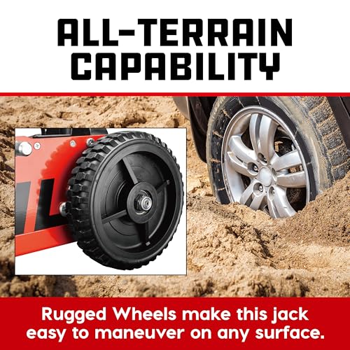 Image of Powerbuilt 2.5 Ton Big Wheel Off Road Jack, Vehicle Lift for Trucks, SUVs, ATVs Offroad Vehicles, Oversized Wheels for Rugged Terrain, 5000 LB Capacity, Orange 620703ECE