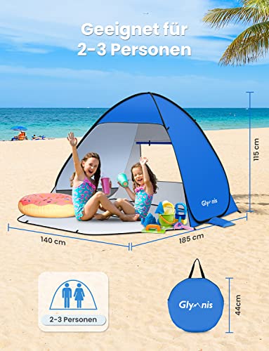 Glymnis Strandmuschel Pop Up Strandzelt Strand Zelt mit Reißverschlusstür UV-Schutz 50+ Windschutz kleines Packmaß Blau Strandzelt