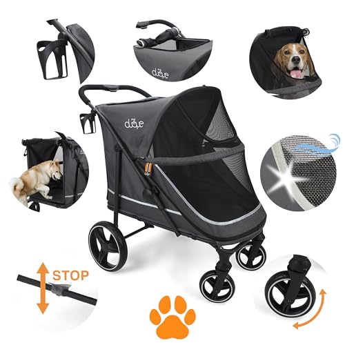 MY DUQUE – Hundebuggy Hundewagen CHAMP – XL Buggy große Hunde, geräumig, Tierwagen, Haustierwagen, Katze, Hund, Zusammenfalten, inkl. Regencover, Getränkehalter, Stauraum, max. Last 50kg/110lb, Grau