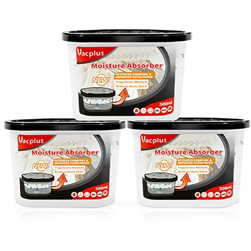 Image of Vacplus Moisture Absorbers - Dehumidifiers for Closet, Efficient Humidity Absorber Boxes Collect Excess Moisture for Bathroom, Kitchen, Study, Activated Charcoal, 3 Pack