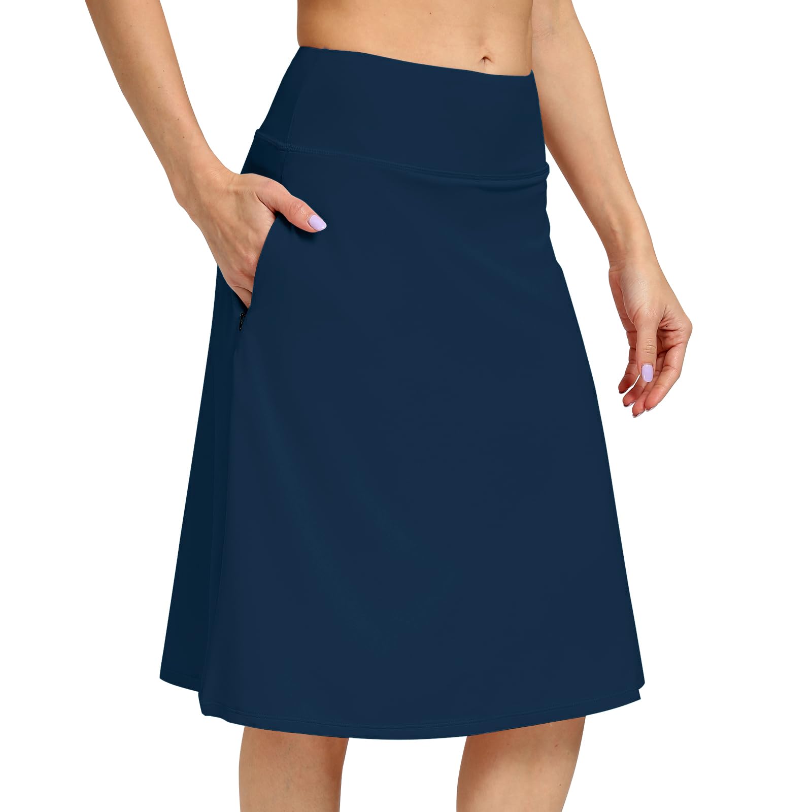 Womens Midi Knee-Length Skirt with Built-in Skorts Hidden Drawstring Zippered Pockets Appropriate for Working Casual Office