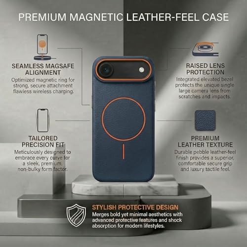 Image of amazon basics Luxury MagSafe Compatible Leather Texture Back Cover for iPhone 17 Air | Raised Camera Protection | Slim Fit Shockproof Case with Metallic Accents (Dark Blue)