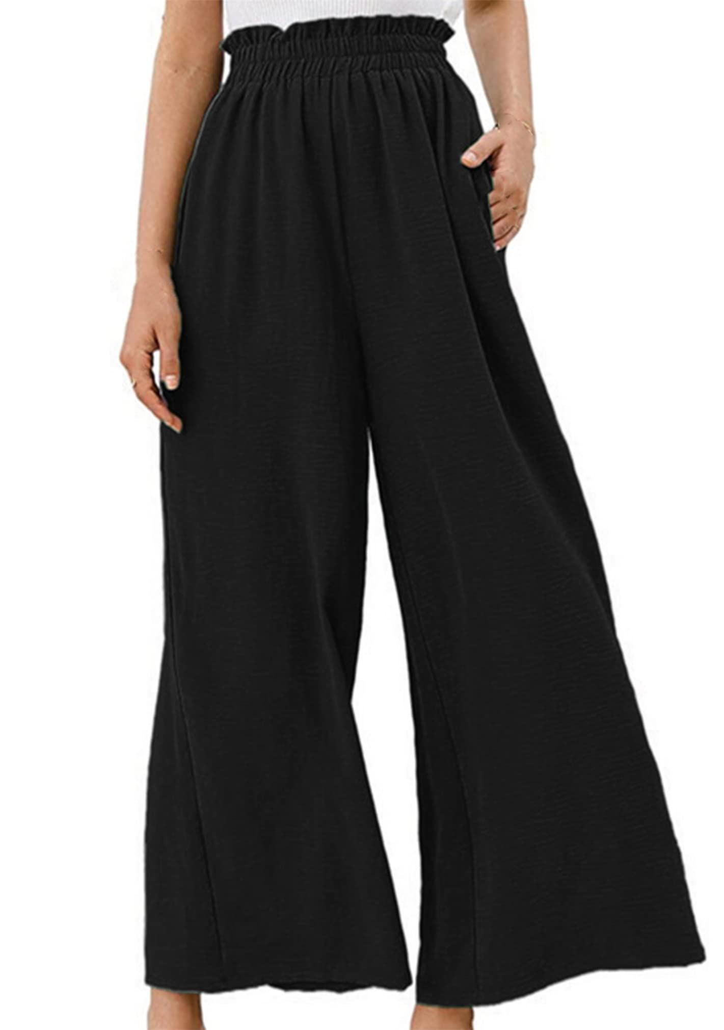 BOFETA Womens Wide Leg Lounge Pants with Pockets Lightweight High Waisted Adjustable Loose Trousers