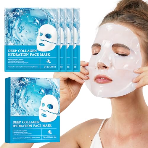 Collagen Face Mask,Maschera Viso al Collagene，Maschere Per il Viso，integra il collagene perso, riporta la pelle a compattezza ed elasticità, migliora le rughe, confezione da 4