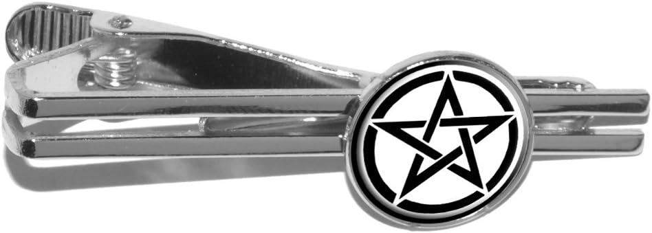 Pentagram - Pentangle Star Wiccan Witch Round Tie Bar Clip Clasp Tack - Silver