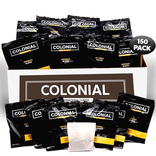 Colonial Coffee Roasters - Paquete de porciones de filtro de café molido para hotel, tostado oscuro, 0.5 onzas (paquete de 150), uso con cafetera de goteo de 4 tazas