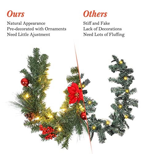 Realistic Christmas Garland with Lights, Fireplace Christmas Garland Decorations with Red Flower and Balls, Indoor Outdoor Fireplace Mantle Christmas Garland Decor 6 FT