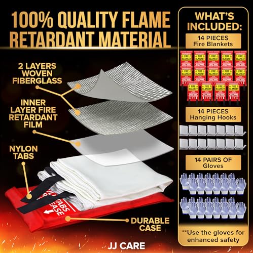 Image of JJ CARE Fire Blanket - 14 Packs with Hooks and Gloves - 40 inchx40 inch-Emergency Fire Blanket for Home & Kitchen, High Heat Resistant Fire Suppression Blankets for Home Safety, Kitchen, and Camping