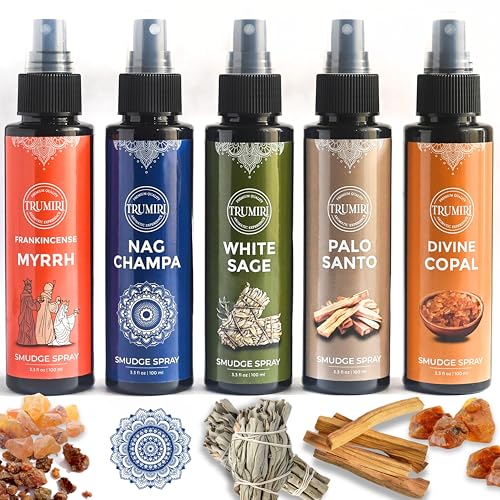 Set of 5 Smudge Sprays White Sage|Palo Santo|Frankincense Myrrh|Nag Champa|Copal for Negative Energy Cleansing of Home - Natural Room Sprays and Body Mists Made with Non Toxic Essential Oils
