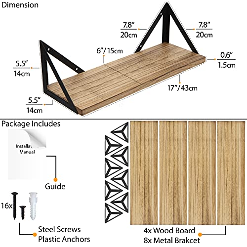 Wallniture Minori Floating Shelves Set of 4, Small Bookshelf Unit for Bedroom, Office, Bathroom, and Living Room, Natural Burned Rustic Wood Wall Decor with Metal Floating Shelf Bracket - Image 4