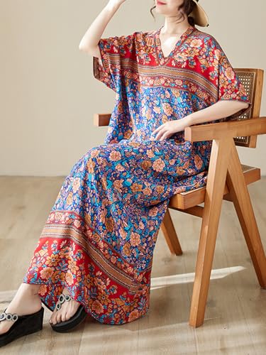 Image of Summer Floral Plus Size Dresses for Women V Neck Casual Loose Dress with Side Pockets