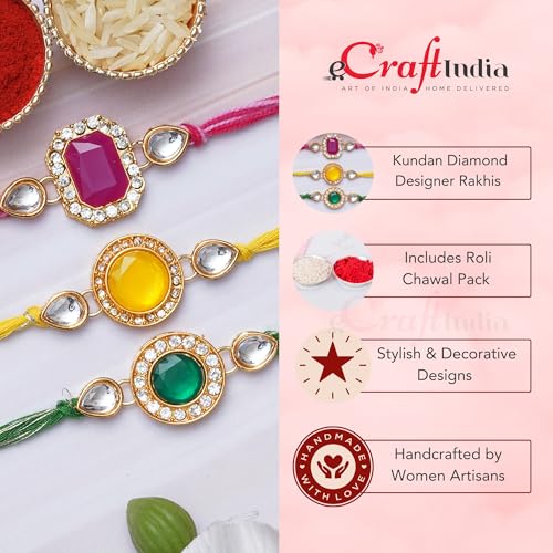 Image of eCraftIndia Set of 3 Pink, Green, and Yellow Kundan Diamond Designer Rakhis, Best Bro Ever Fridge Magnet with Roli Chawal Pack - Rakhis for Brother, Bhabhi, Kids