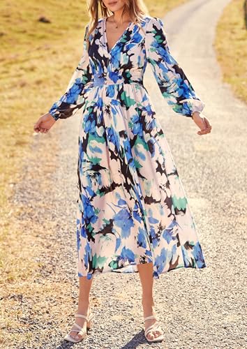 PRETTYGARDEN Women's Floral Midi Dress Casual Fall V Neck Long Sleeve Flowy Spring Beach Wedding Guest Vacation Dresses