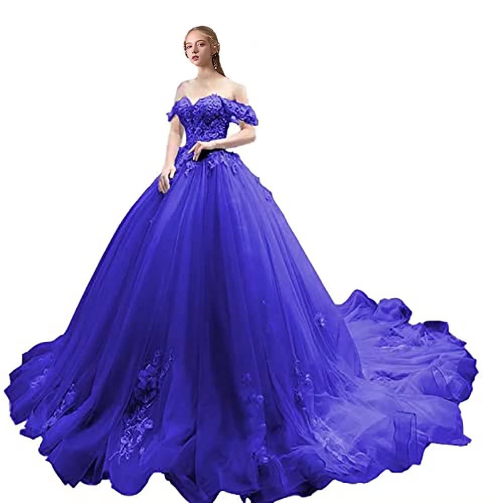 ZVOCY Woman’s Long Ball Gowns Off The Shoulder Quinceanera Dresses Lace Applique Prom Princess Formal Wedding Dresses