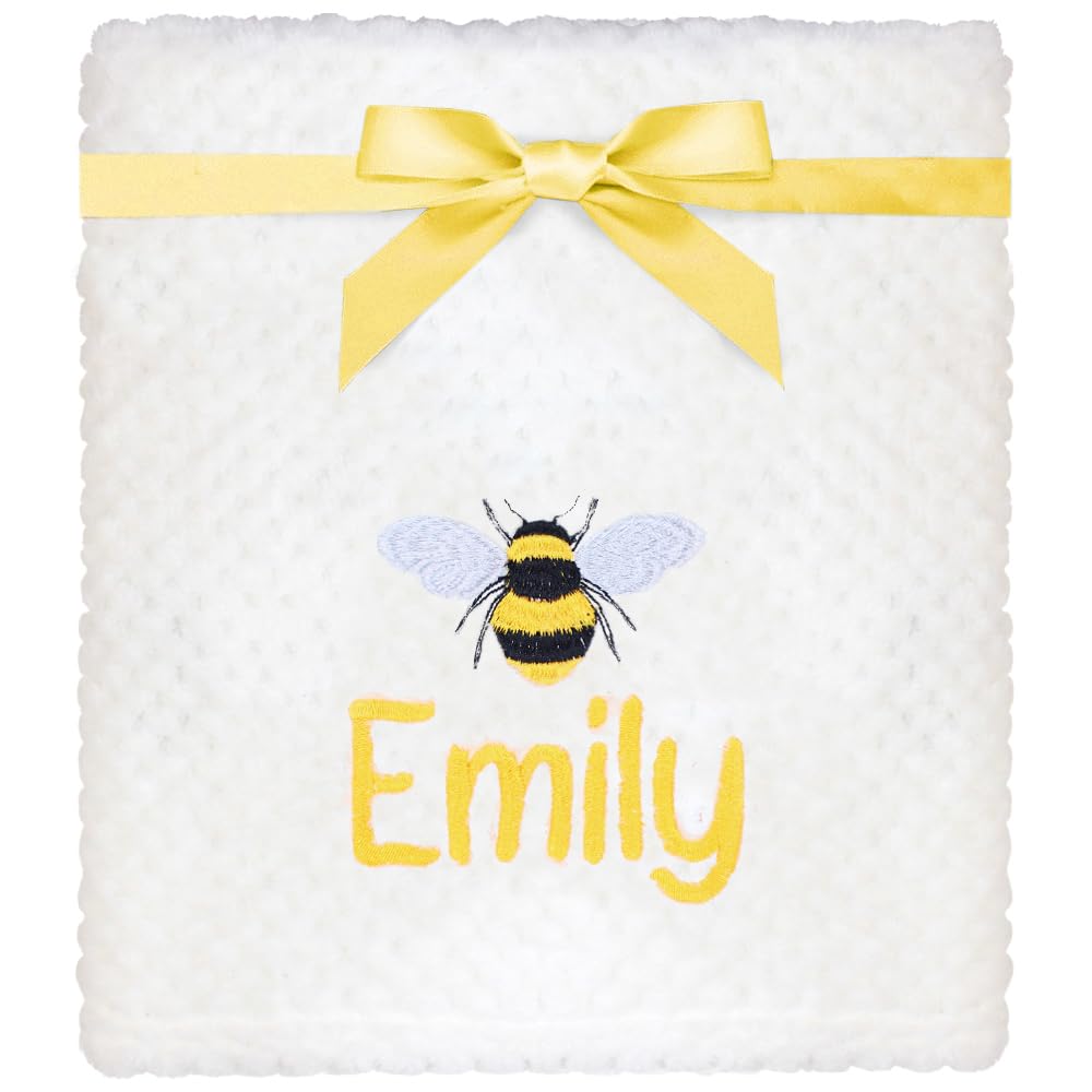 TeddyT's Personalised Baby Bumble Bee Embroidered White Waffle Blanket
