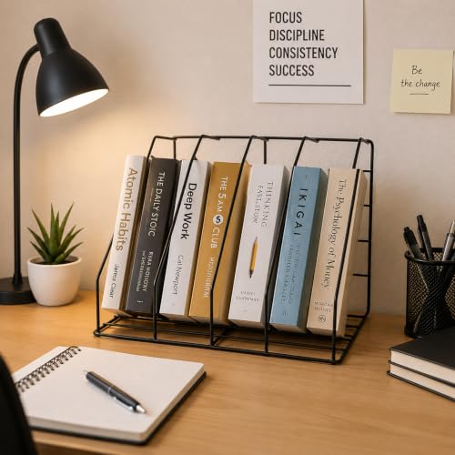 Image of Zepdos Triangle Newspaper and Magazine Stand, Newspaper Rack, File Racks, Holder Desktop Iron Book Rack, Document Storage Rack for Table Office, Tabletop Desk File Organizer (4 Slot File Rack (Black))