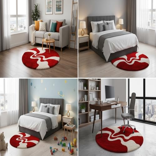 Image of Vintage Threads (Red 3D 4x4 Ft Shaggy Carpet for Living Room & Bedroom | Ultra Soft Plush Long Pile Rug | Thick Fluffy 3D Modern Floor Carpet | Cozy Luxury Home Decor Rug
