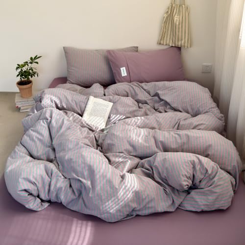 Image of Striped Duvet Cover Set Washed Cotton,King(104 inchx90 inch),Pinstripes Lavender