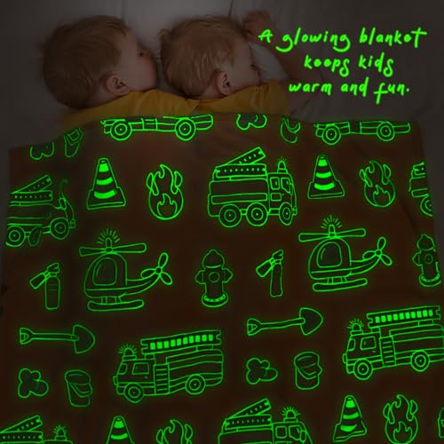 Image of Toddler Blankets for Boys, Glow in The Dark Fire Truck Throw with Tractor, Excavator Construction Toys, Birthday Kindergarten Graduation Gifts for Boys, Kids Blanket Car Room Decor, 50 inchx60 inch