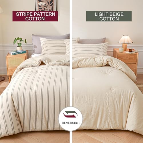 Image of Cyusri Cotton Stripe Full Comforter Set - Soft Lightweight Bedding 3 Pieces Dyed Bed Set with 2 Pillow Shams,Reversible All Season Farmhouse Down Alternative(Full Size 80 inchx90 inch Beige)