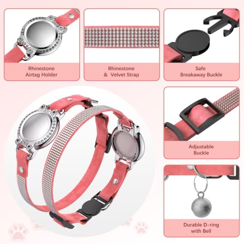 Image of AirTag Cat Collar Breakaway, Rhinestone Collar with Air Tag Holder, Rosered
