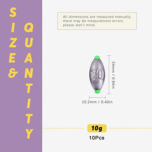 image for Swpeet 10Pcs 10g Egg Olive Shape Fishing Sinkers, Removable Split Lead