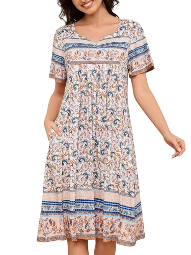 Image of CRIPOM Womens Nightgown Short Sleeve House Dress with Pockets-Floral Print Mumu Dress S-3XL